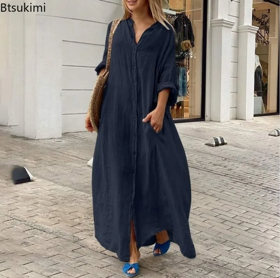 Vestido Largo Informal de Algo - Casual Loose Linen Shirt Dress reseña y precio