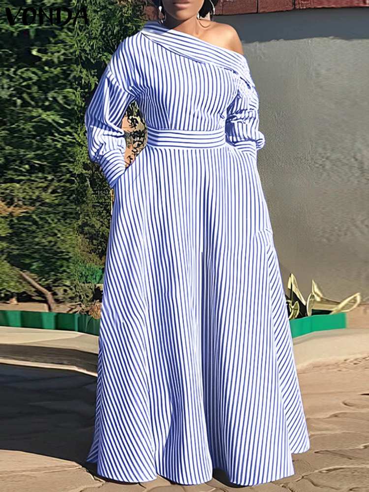 VONDA-Vestido largo a rayas pa - Off Shoulder Puff Sleeve Sundress reseña y precio