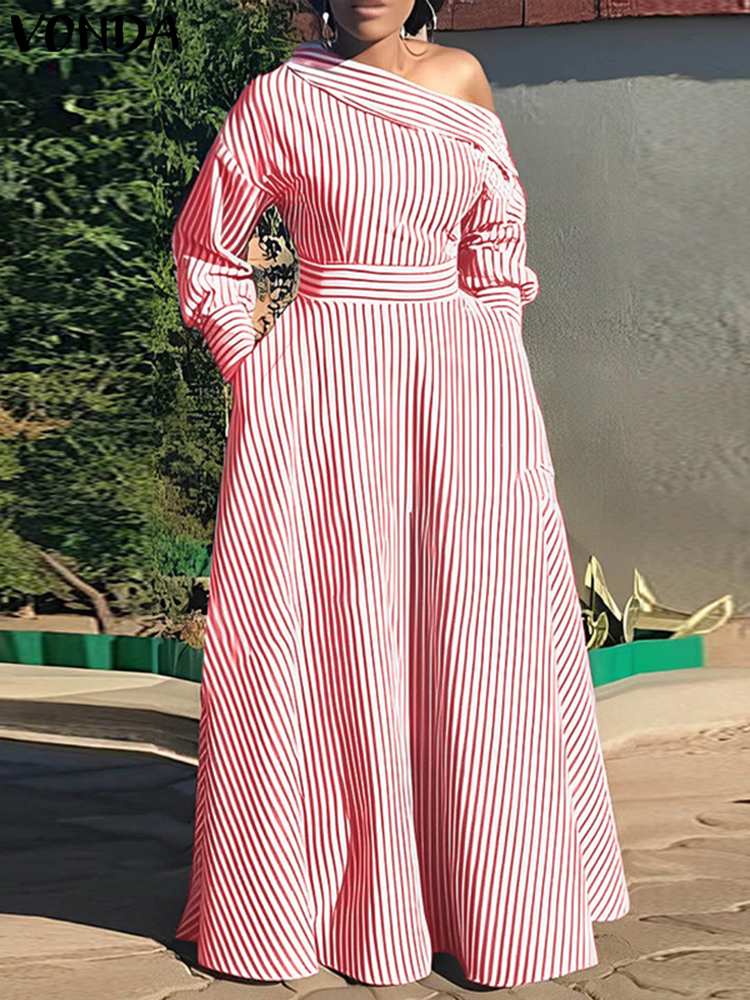 VONDA-Vestido largo a rayas pa - Off Shoulder Puff Sleeve Sundress reseña y precio