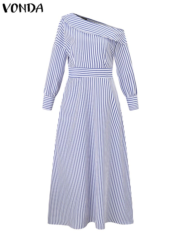 VONDA-Vestido largo a rayas pa - Off Shoulder Puff Sleeve Sundress reseña y precio
