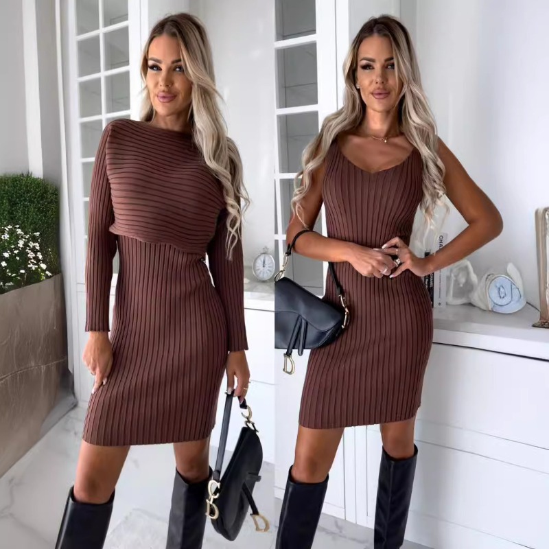 Conjunto de 2 piezas de punto  - Bodycon Long Sleeve Ribbed Dress reseña y precio