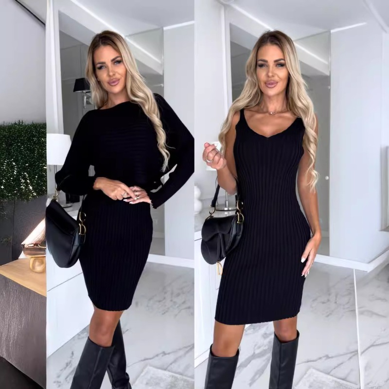 Conjunto de 2 piezas de punto  - Bodycon Long Sleeve Ribbed Dress reseña y precio