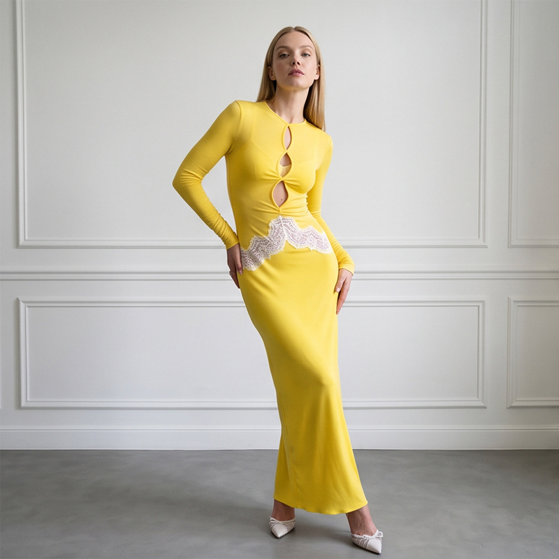 Vestido Maxi Amarillo de Encaj - Bodycon Long Sleeve Ribbed Dress reseña y precio