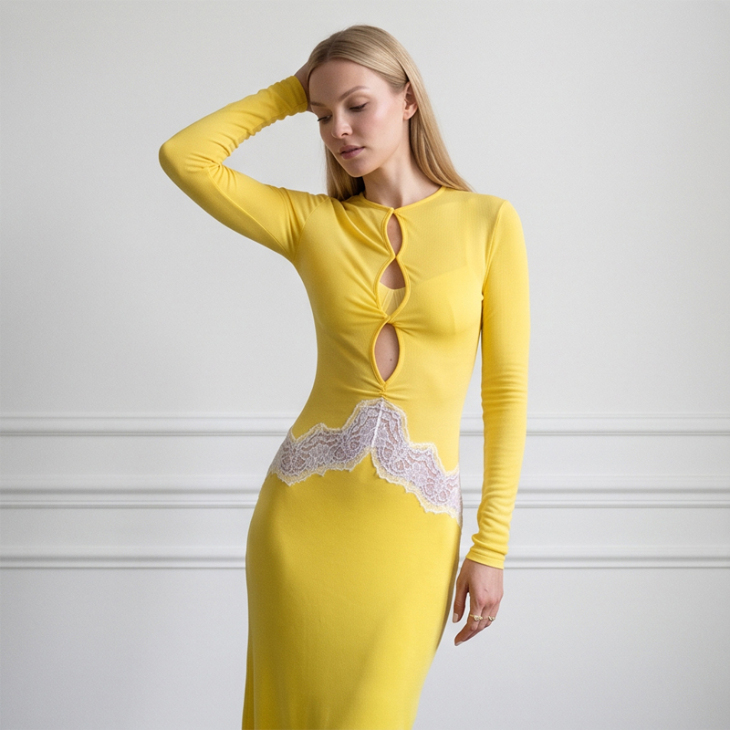 Vestido Maxi Amarillo de Encaj - Bodycon Long Sleeve Ribbed Dress reseña y precio