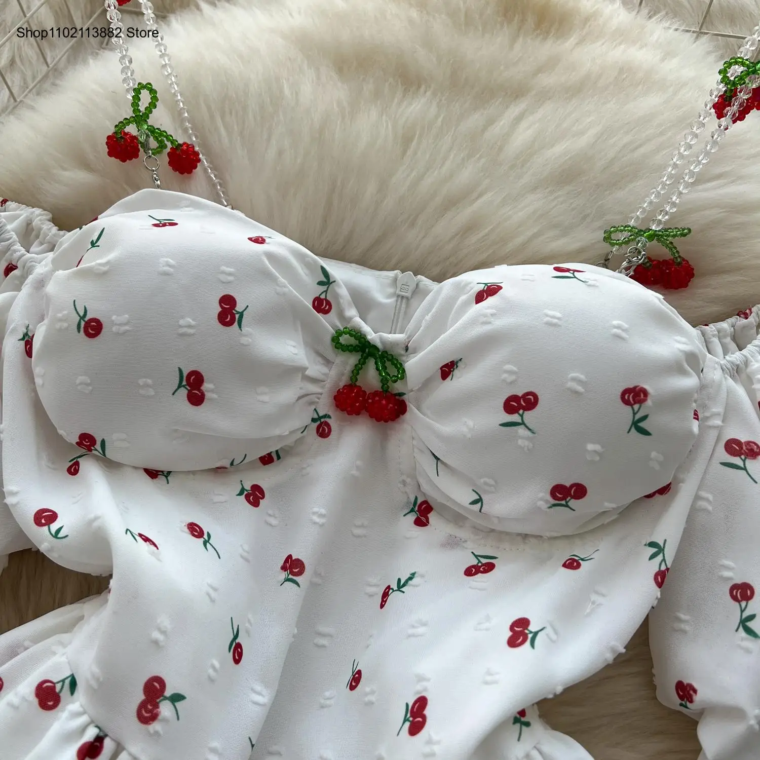 Vestido dulce con estampado de - Off Shoulder Puff Sleeve Sundress reseña y precio
