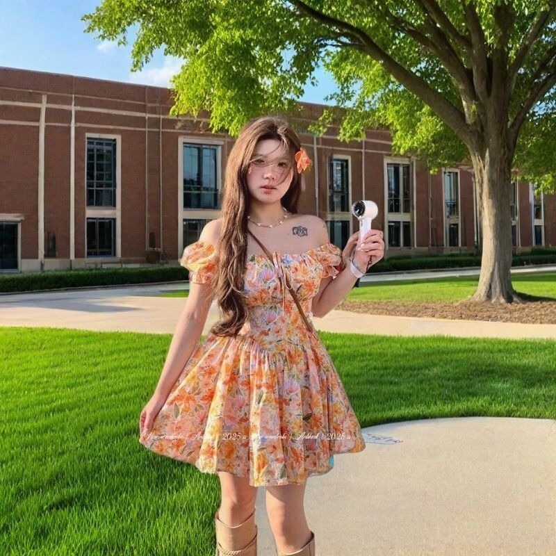 Minivestido naranja con estamp - Off Shoulder Puff Sleeve Sundress reseña y precio