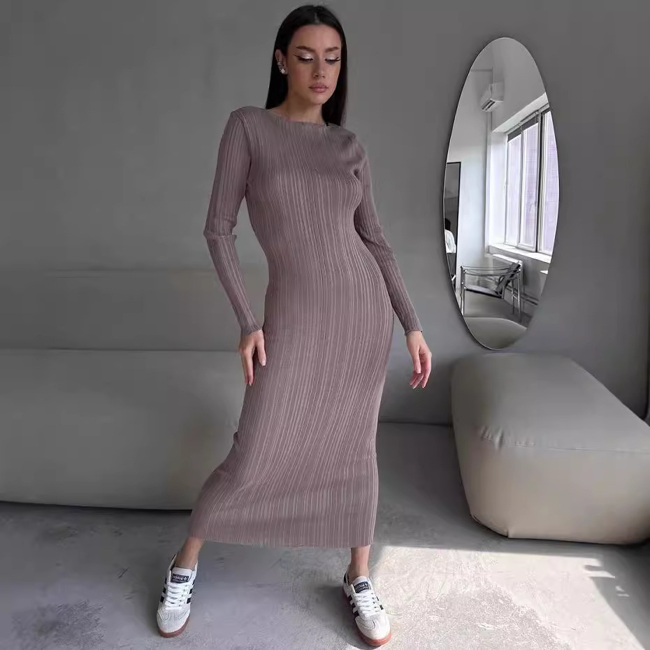 Vestido Maxi Elegante de Punto - Bodycon Long Sleeve Ribbed Dress reseña y precio