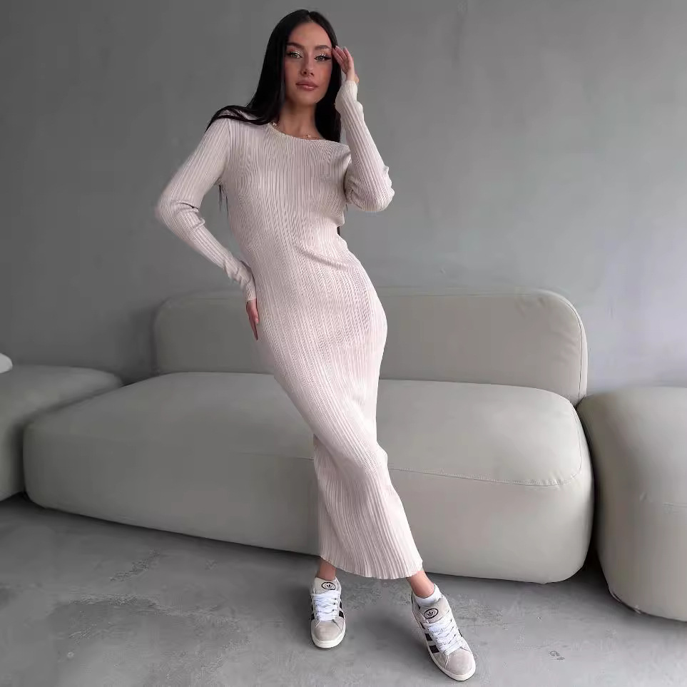 Vestido Maxi Elegante de Punto - Bodycon Long Sleeve Ribbed Dress reseña y precio