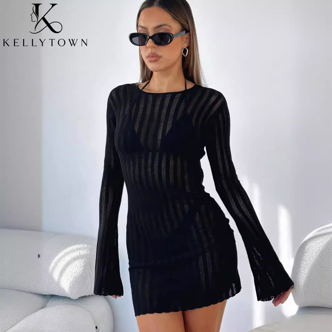 Vestido sin espalda sexy de pu - Bodycon Long Sleeve Ribbed Dress reseña y precio