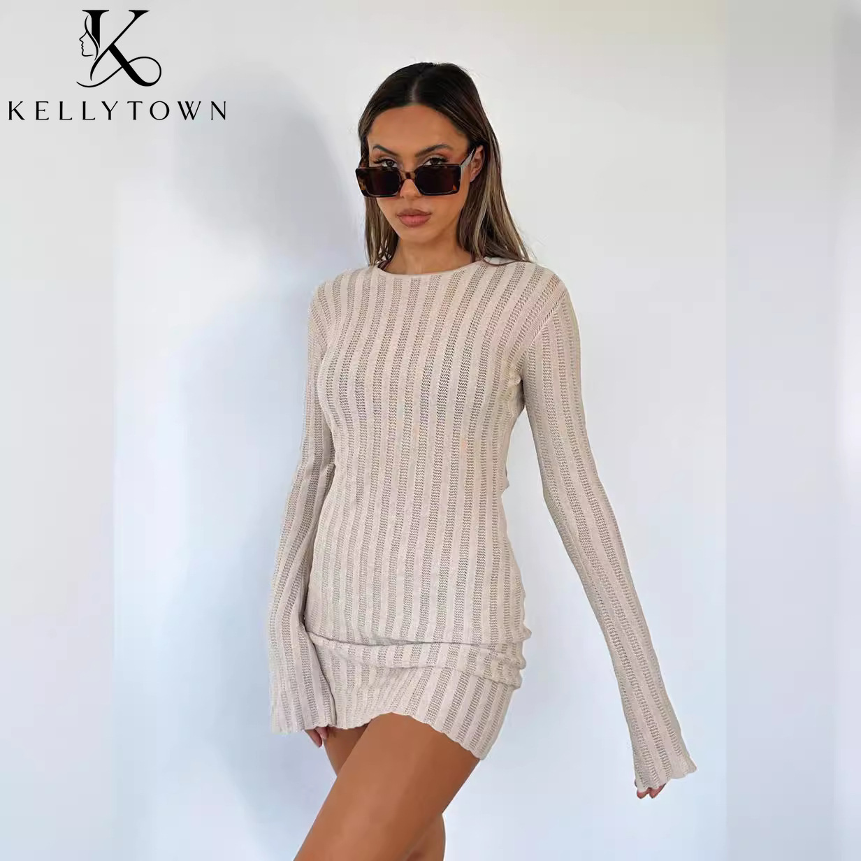 Vestido sin espalda sexy de pu - Bodycon Long Sleeve Ribbed Dress reseña y precio