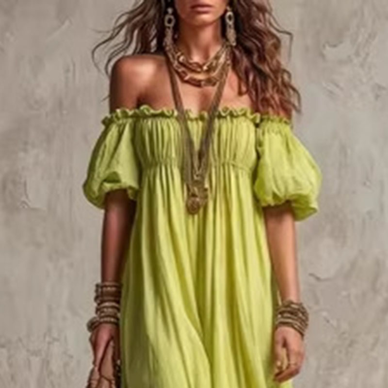 Vestido Maxi Casual de Verano  - Off Shoulder Puff Sleeve Sundress reseña y precio