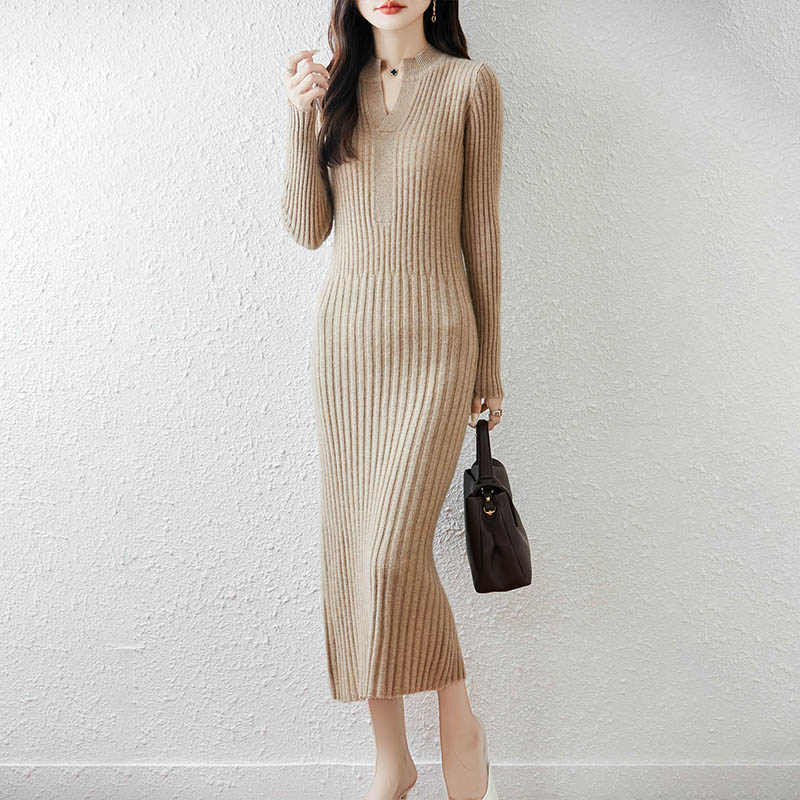 Vestido largo con cuello en V  - Bodycon Long Sleeve Ribbed Dress reseña y precio
