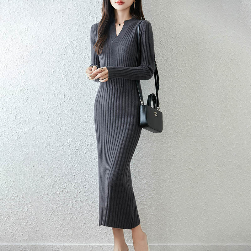 Vestido largo con cuello en V  - Bodycon Long Sleeve Ribbed Dress reseña y precio