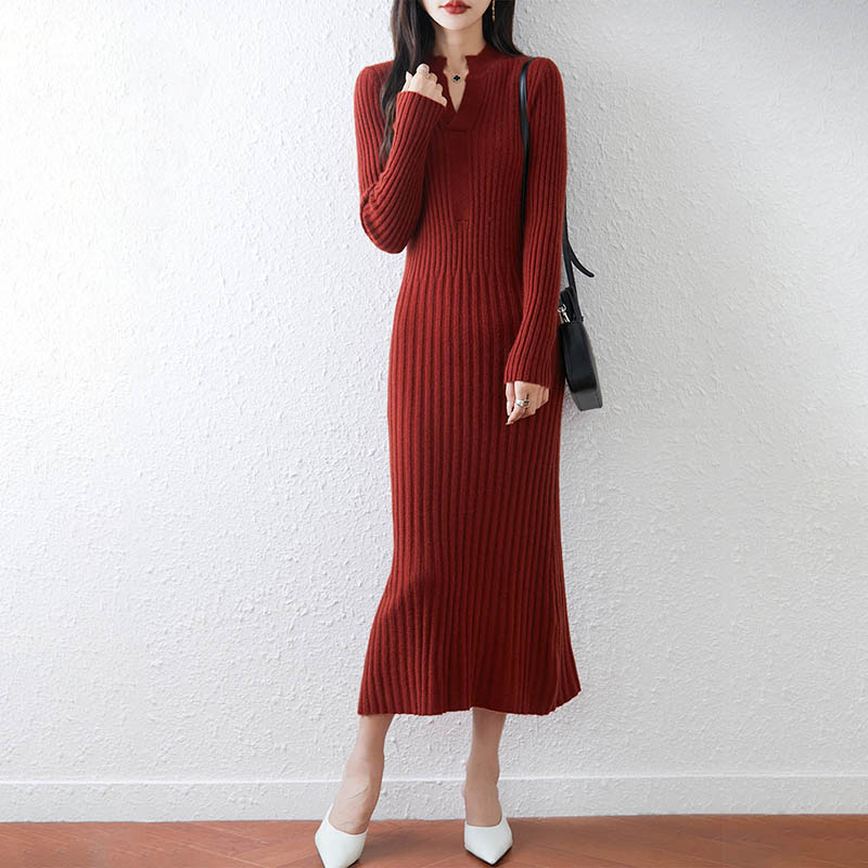 Vestido largo con cuello en V  - Bodycon Long Sleeve Ribbed Dress reseña y precio