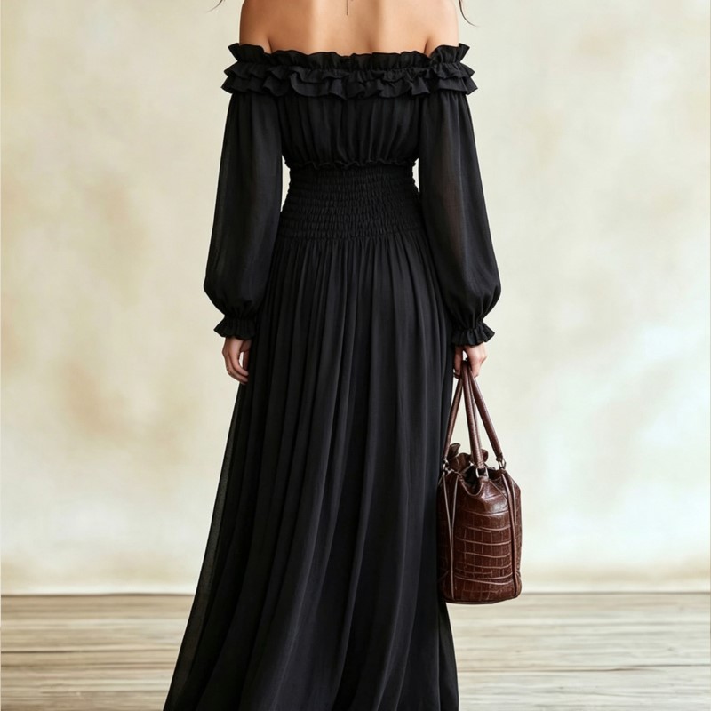Vestido largo con volantes y h - Off Shoulder Puff Sleeve Sundress reseña y precio