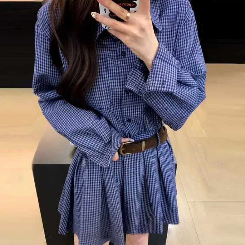Camisa de manga larga a cuadro - Korean Style A Line Shirt Dress reseña y precio