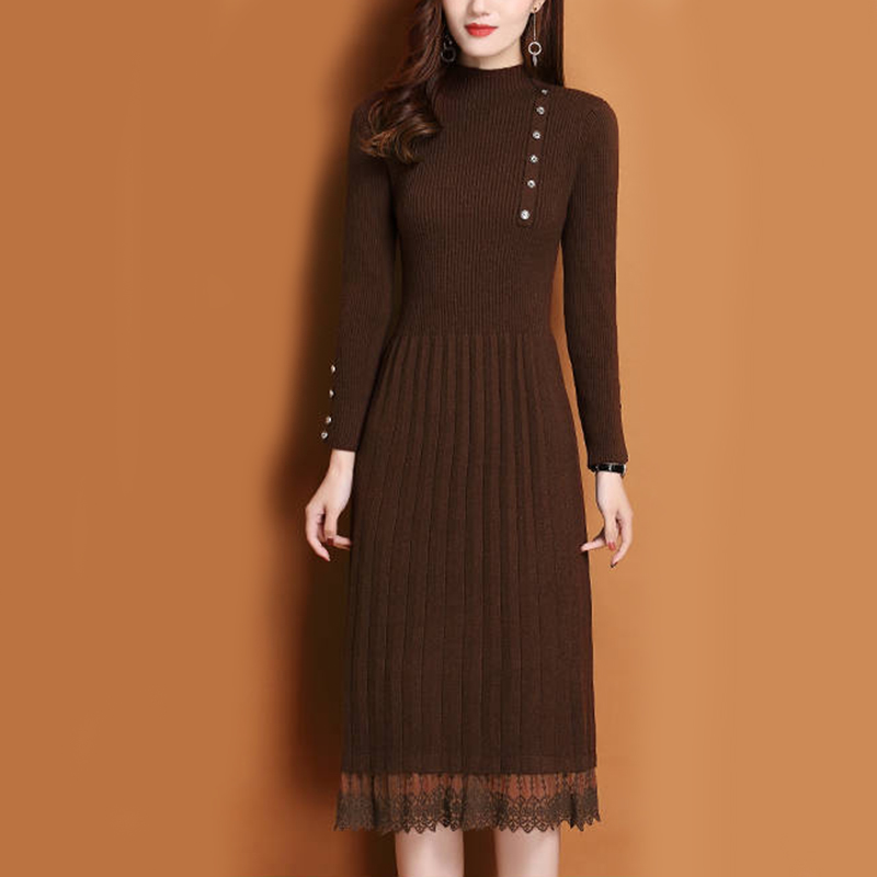 Botones de dobladillo de encaj - Bodycon Long Sleeve Ribbed Dress reseña y precio