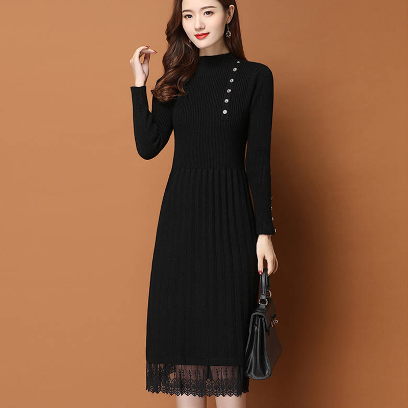 Botones de dobladillo de encaj - Bodycon Long Sleeve Ribbed Dress reseña y precio