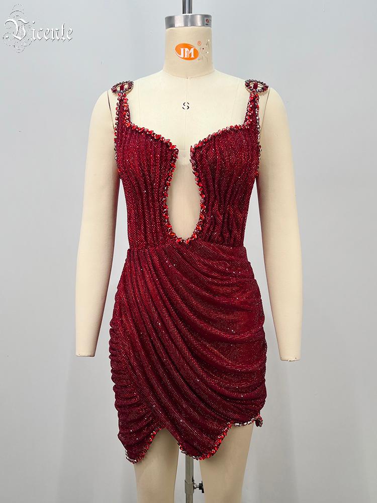 Minivestido Sexy Rojo con Pedr - Sparkly Rhinestone Club Party Dress reseña y precio