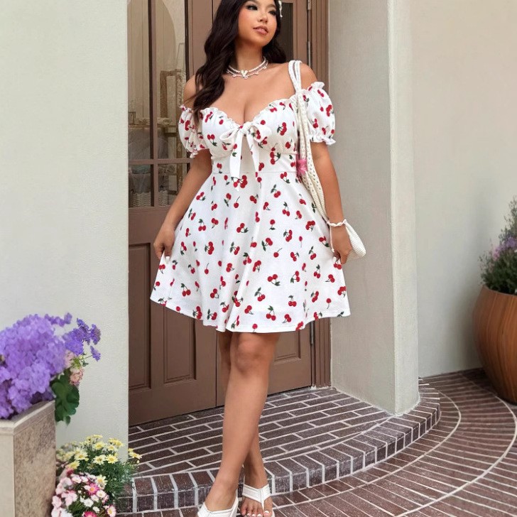 Vestido de verano para mujer,  - Off Shoulder Puff Sleeve Sundress reseña y precio