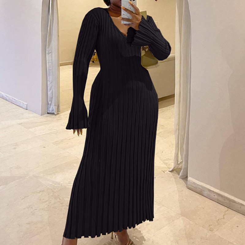 Falda de punto con cuello en V - Bodycon Long Sleeve Ribbed Dress reseña y precio