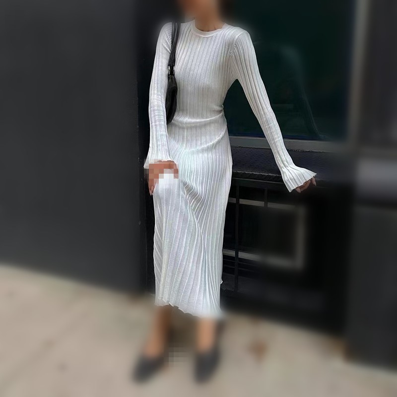 Falda de punto con cuello en V - Bodycon Long Sleeve Ribbed Dress reseña y precio