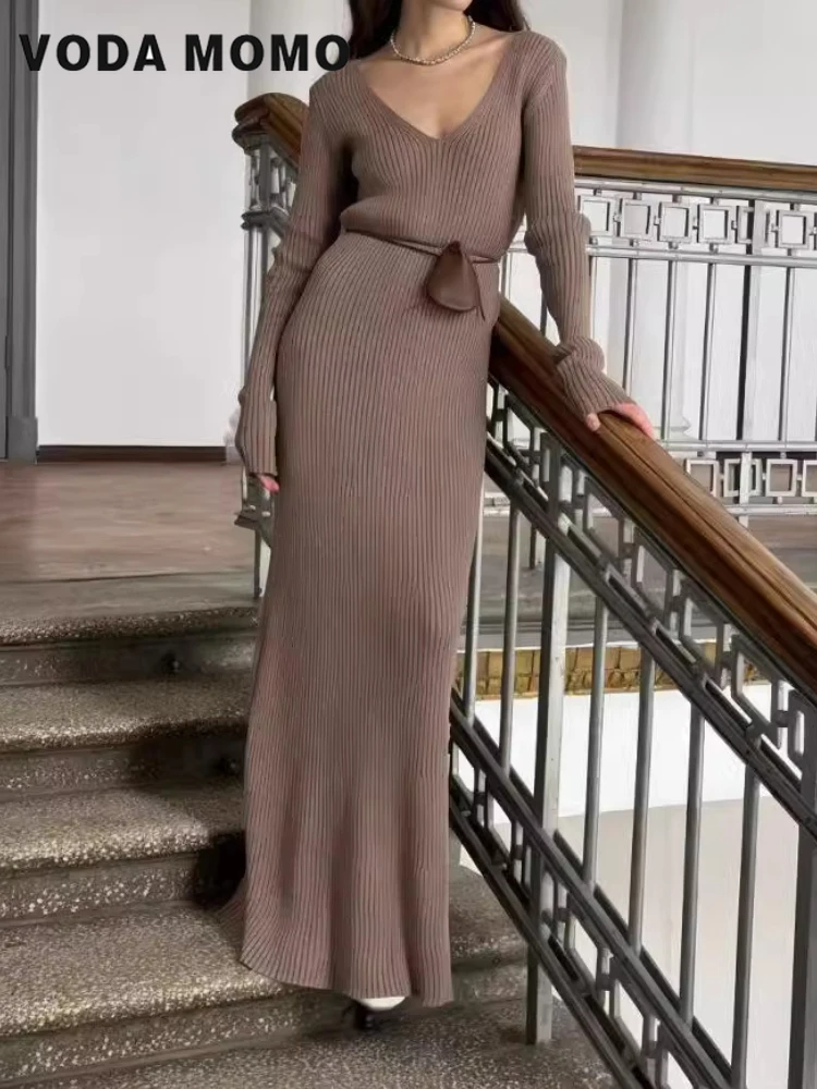 Maxivestidos ajustados versáti - Bodycon Long Sleeve Ribbed Dress reseña y precio