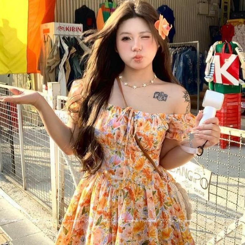 Vestido corto naranja con esta - Off Shoulder Puff Sleeve Sundress reseña y precio